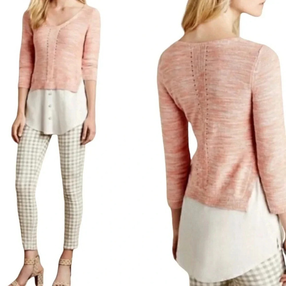 Anthropologie Moth Aselin Sweater Top Layered Look Knit Blouse Medium Peach Pink - Picture 3 of 9